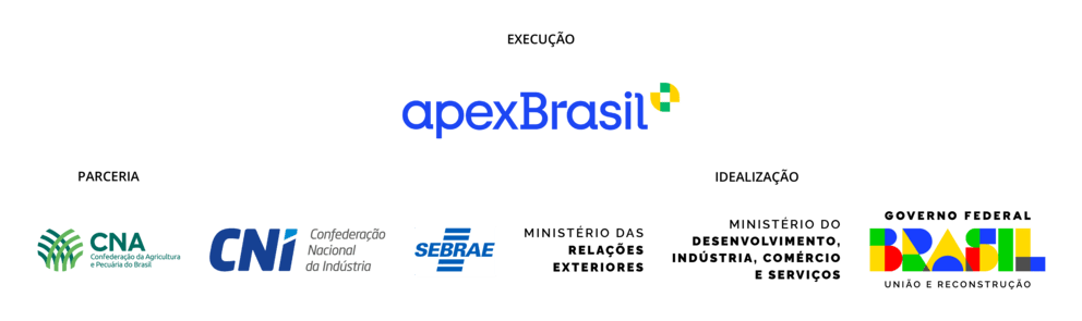Parceria: CNA, CNI, Sebrae, MRE. Execução: Apex Brasil. Idealização: MDIC e Governo Federal
