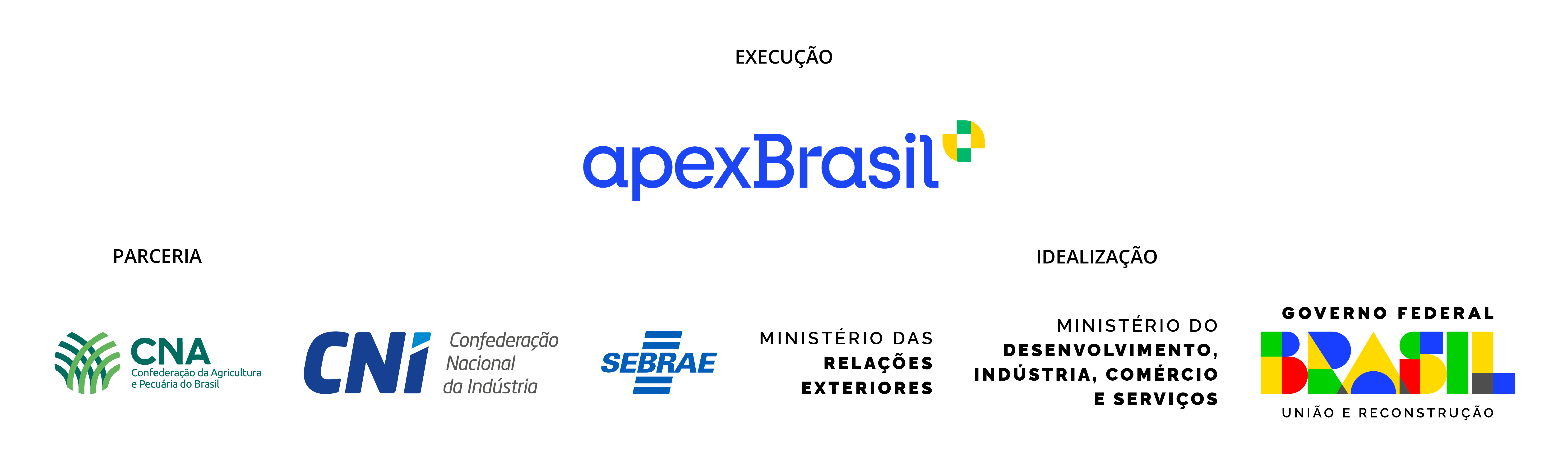 Parceria: CNA, CNI, Sebrae, MRE. Execução: Apex Brasil. Idealização: MDIC e Governo Federal