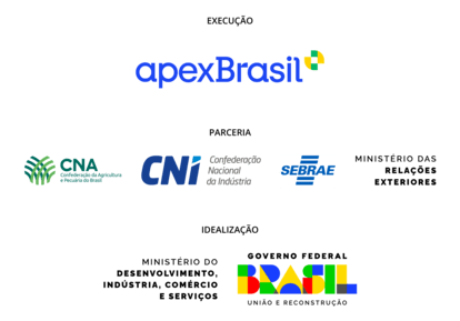 Parceria: CNA, CNI, Sebrae, MRE. Execução: Apex Brasil. Idealização: MDIC e Governo Federal