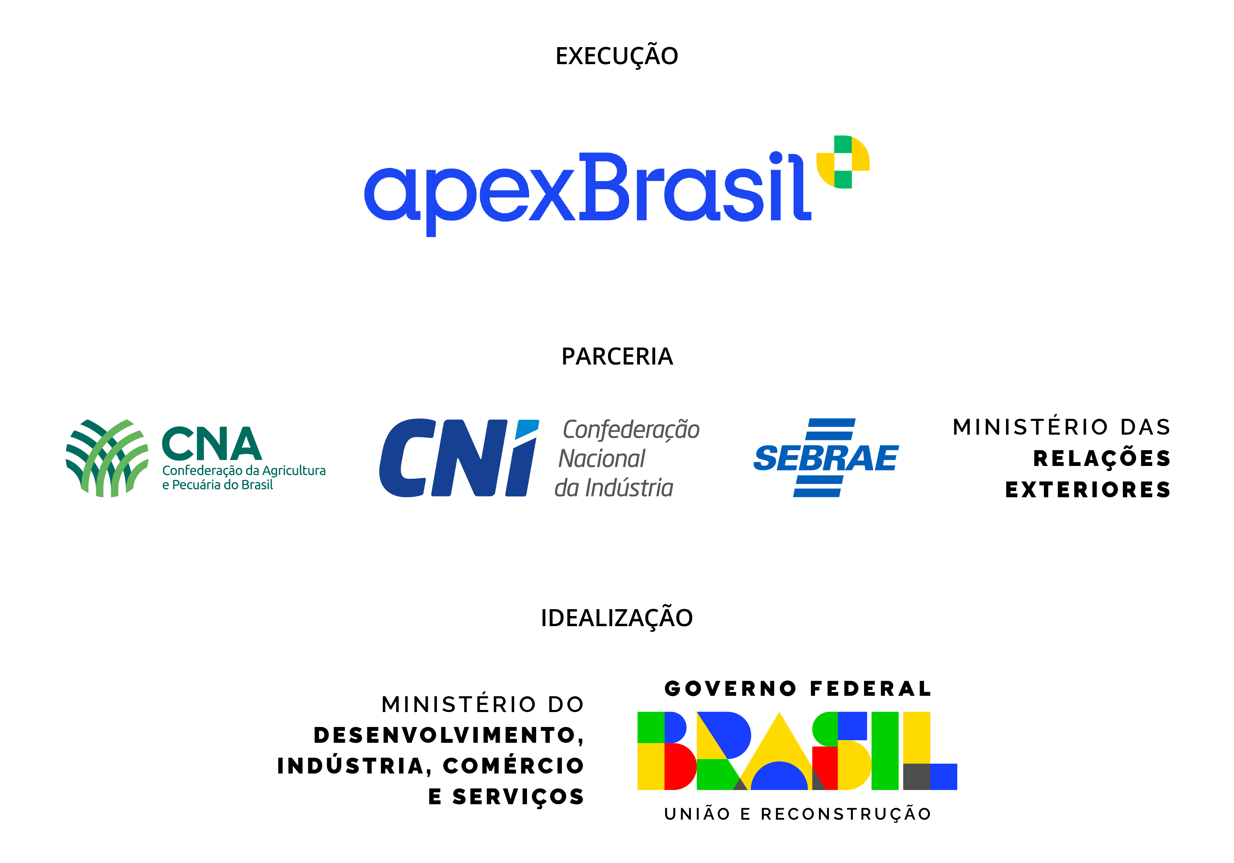 Parceria: CNA, CNI, Sebrae, MRE. Execução: Apex Brasil. Idealização: MDIC e Governo Federal