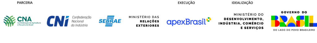Régua de logos. Parceria CNA, CNI, SEBRAE, Ministério das Relações Exteriores. Execução apexBrasil. Idealização MInistério do Desenvolvimento, Industria, Comercio e Serviços. Governo Federal.