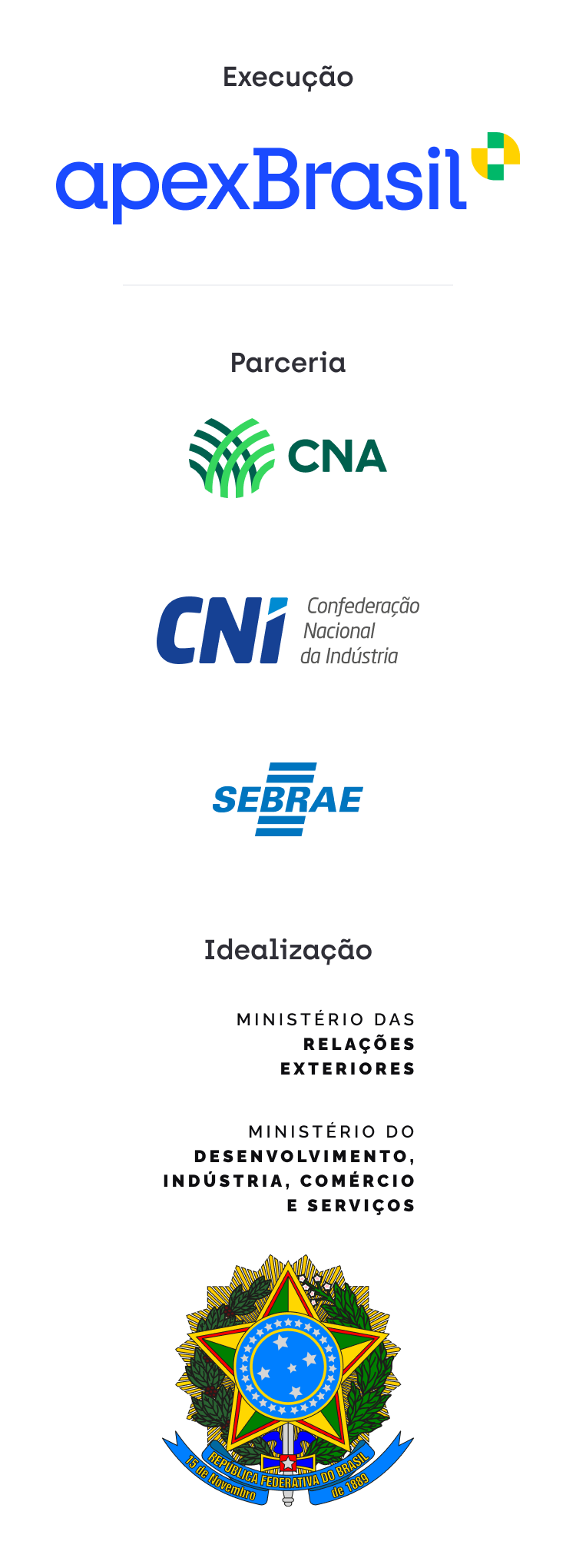 Parceria: CNA, CNI, Sebrae, MRE. Execução: Apex Brasil. Idealização: MDIC e Governo Federal