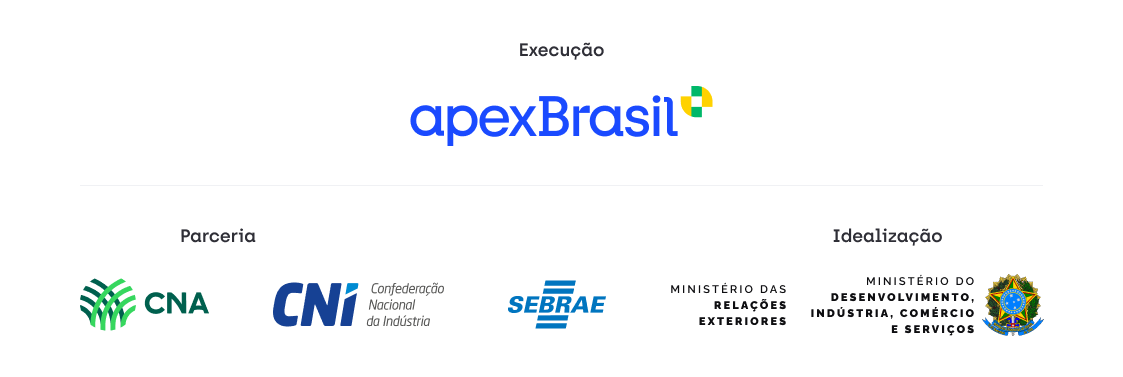 Parceria: CNA, CNI, Sebrae, MRE. Execução: Apex Brasil. Idealização: MDIC e Governo Federal