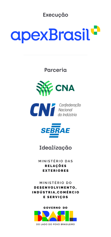 Parceria: CNA, CNI, Sebrae, MRE. Execução: Apex Brasil. Idealização: MDIC e Governo Federal