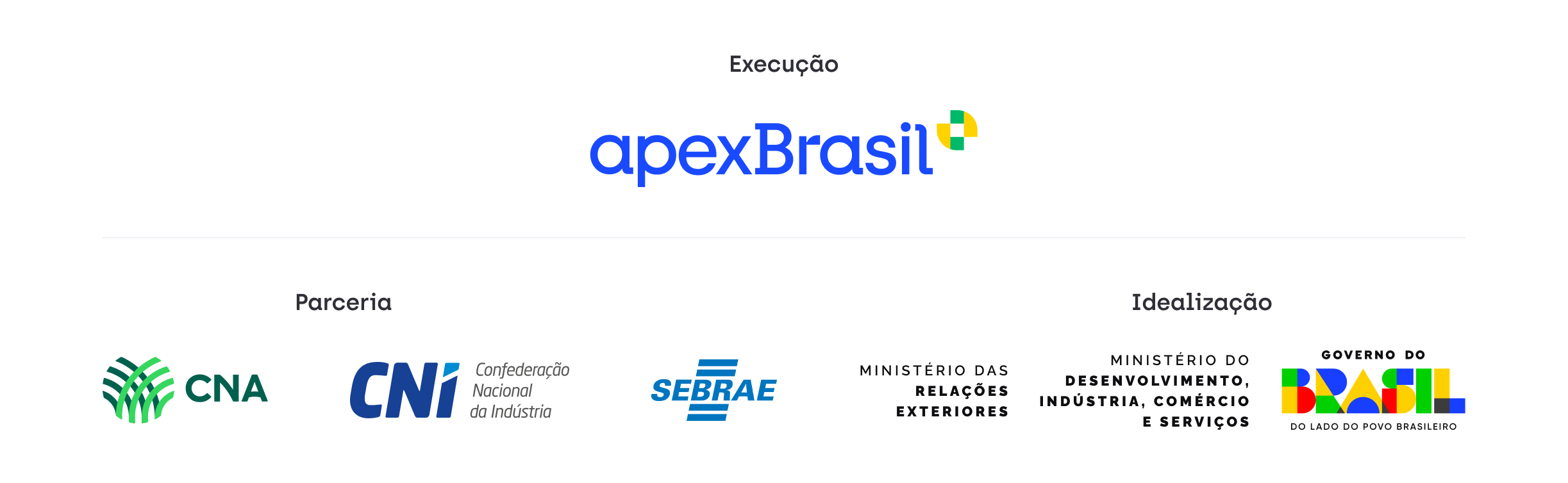 Parceria: CNA, CNI, Sebrae, MRE. Execução: Apex Brasil. Idealização: MDIC e Governo Federal